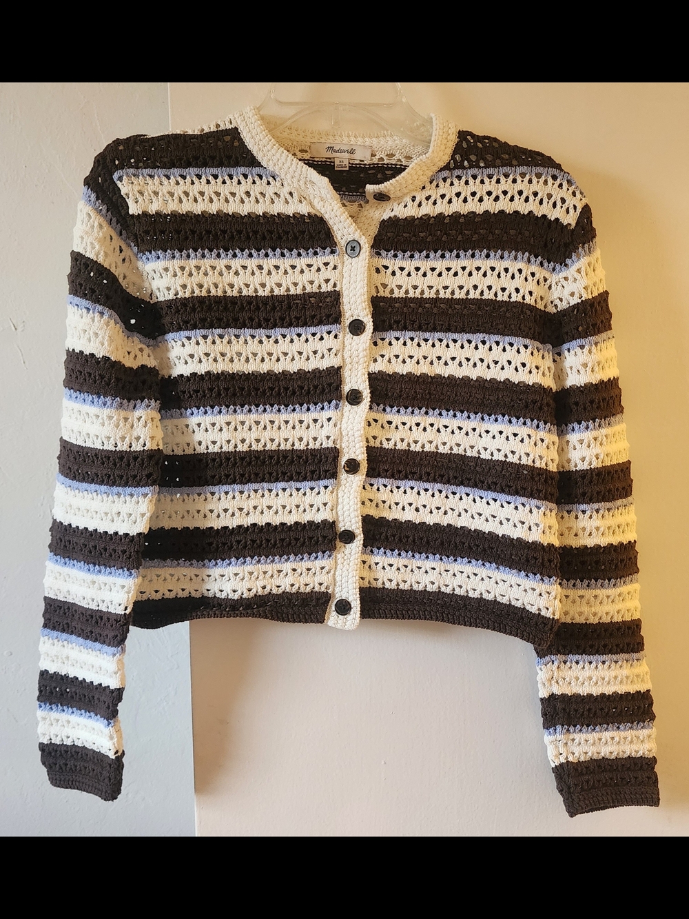 Madewell Cropped Crochet Stripe Cardigan in Brown, Cream & Blue